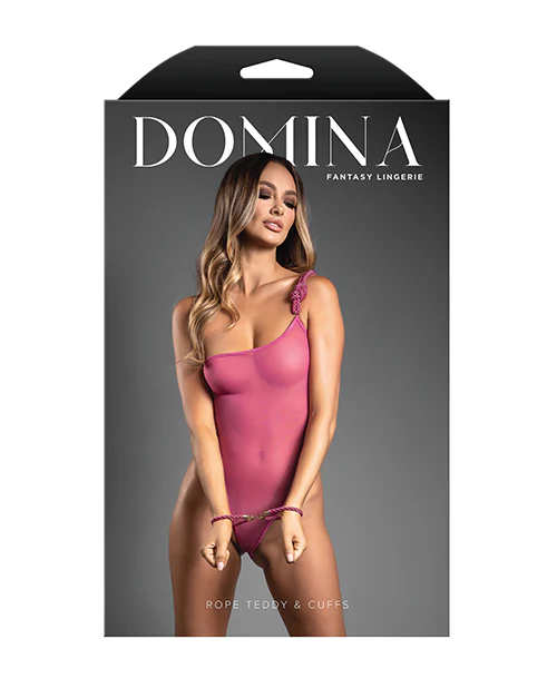 Domina One-Shoulder Sheer Mesh Teddy w/Rope Cuffs - Pink M/L - Image 3