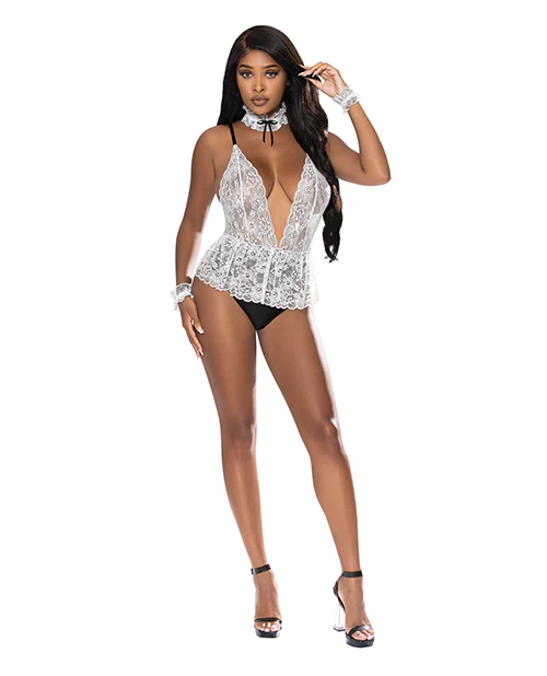 Dress Up Lace Deep V Teddy Collar Cuffs Black White LXL - Image 3