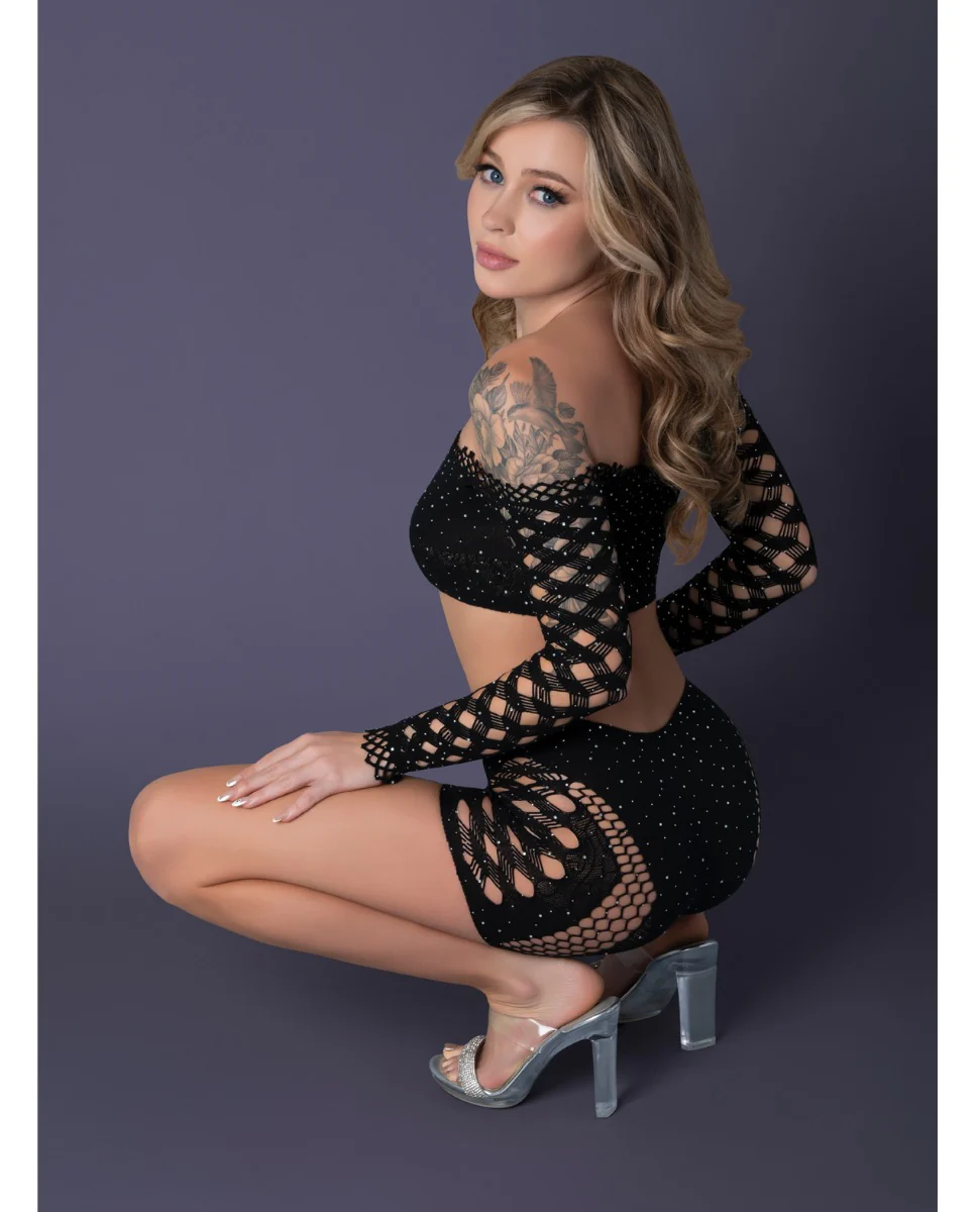 Seamless Crop Top and Short Set with Crystal Details Black - Image 5