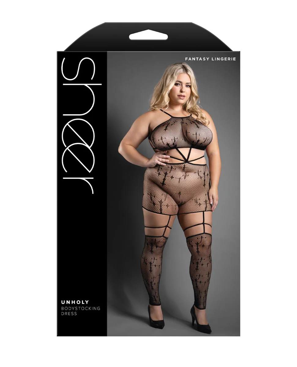 Sheer Unholy Gartered Bodystocking Dress Black Stockings - Image 4