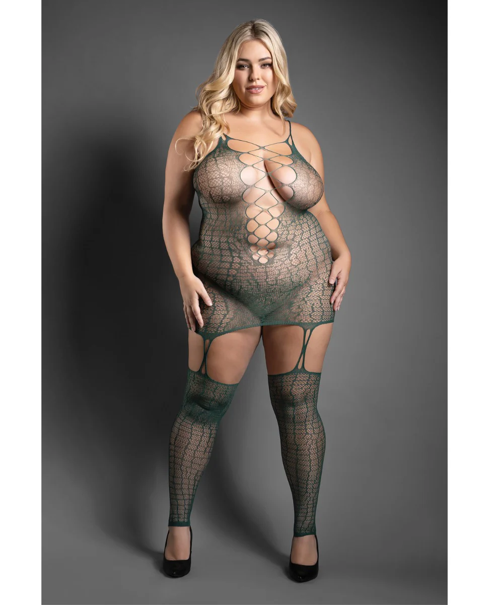 Sheer Reptile Print Bodystocking With Stockings Green QN - Image 3