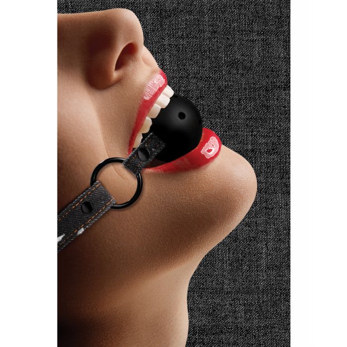 Shots Ouch Breathable Ball Gag w/Denim Straps - Black - Image 5